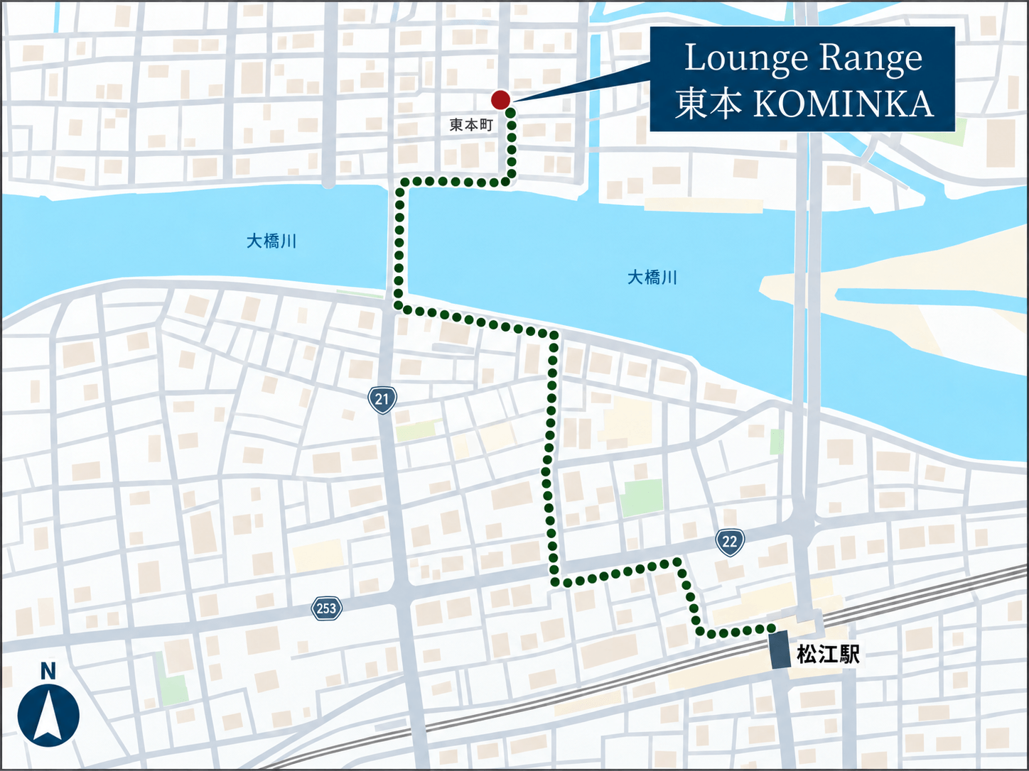 インドアゴルフ Lounge Range 東本 KOMINKAへのアクセス